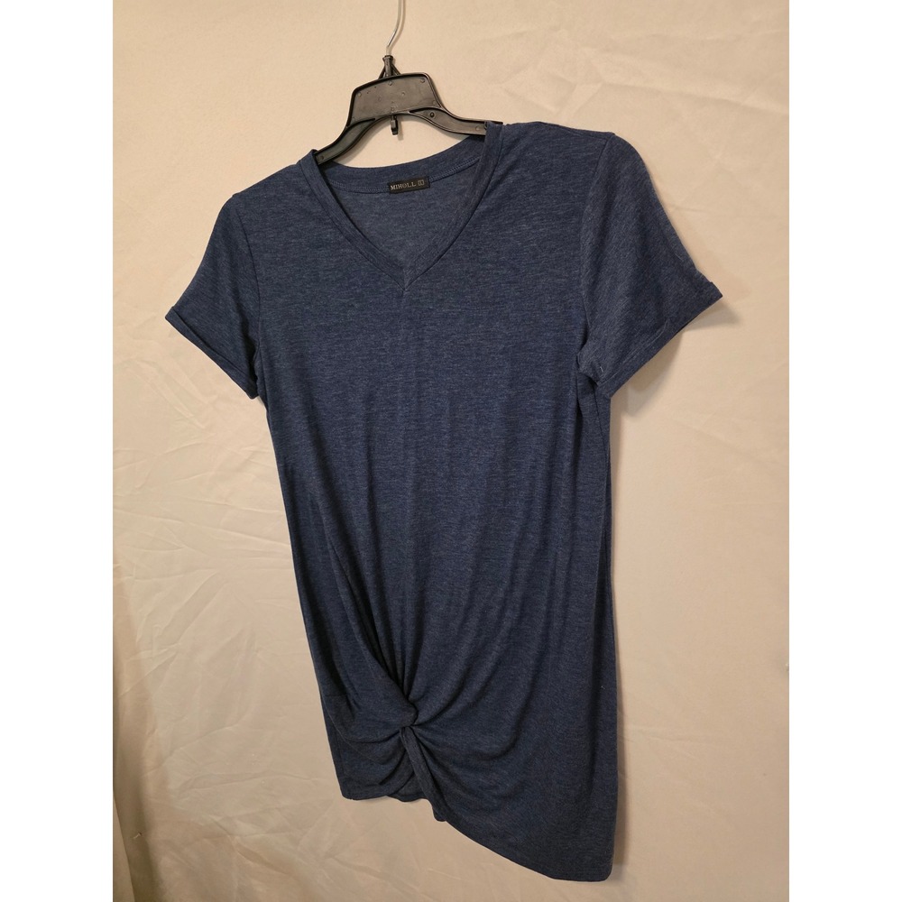 T-Shirt Dress Large Miholl Blue Heathered V-Neck Short Sleeve Front Knot Womens